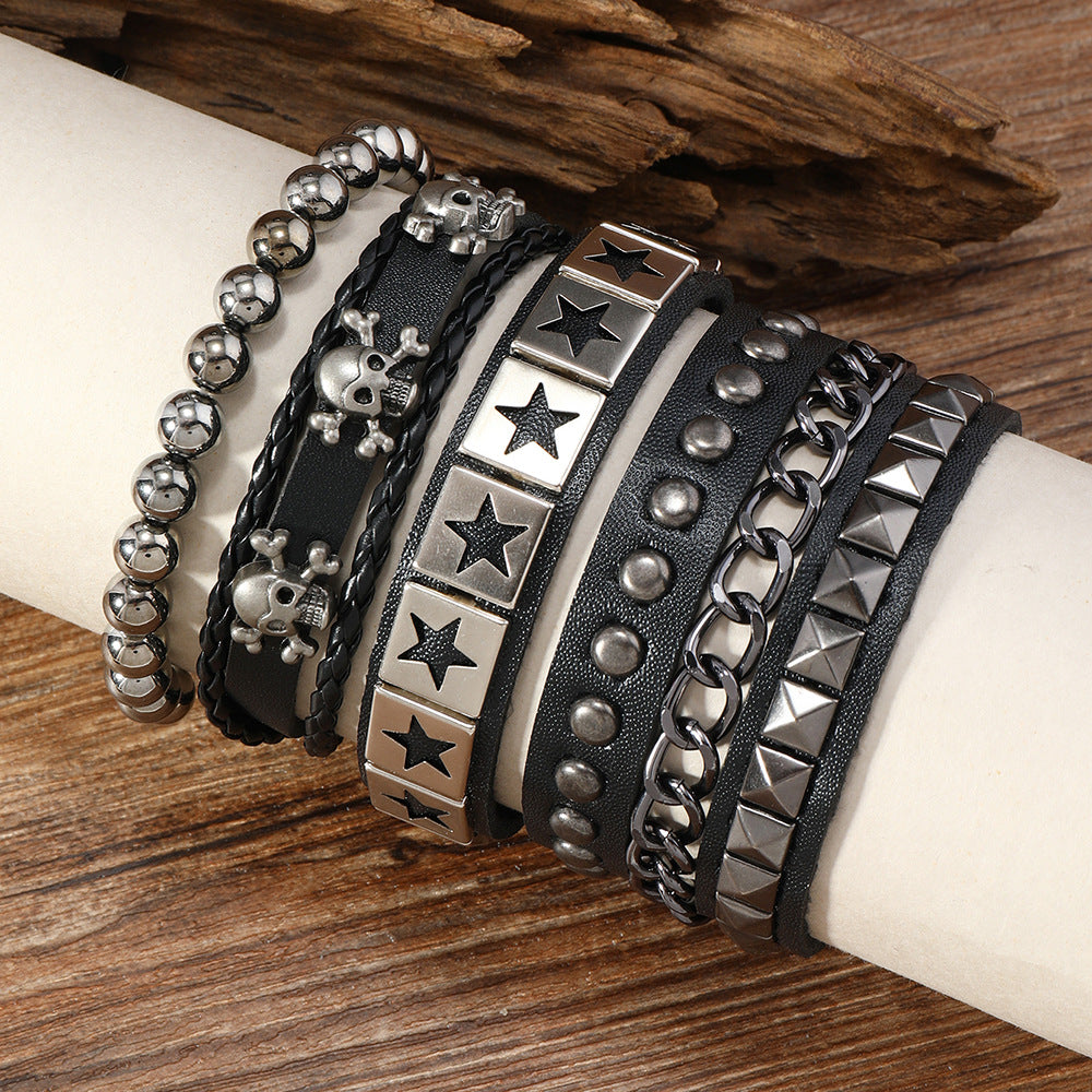 Wholesale Multi-layer wide leather bracelet alloy skull five-pointed star 4-piece set